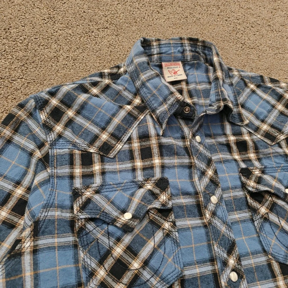 True Religion Mens XXL‎ Blue Plaid Flannel Western Pearl Snap Shirt MP4BL68VYFK